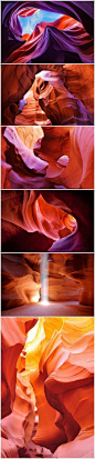 [羚羊峡谷] 羚羊峡谷（Antelope Canyon)是世界上著名的狭缝型峡谷之一，位于美国亚利桑纳州北方。据说那是摄影人一生不可不去的景点之一，充斥着色彩与形状，无论是地质还是色彩都不可思议的，鬼斧神工！