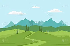 矢量插图: 山地景观与道路, 松树和丘陵.