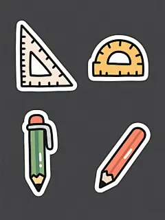 一套四个规整排布的卡通风格文具图标集合，保持统一的粗线条手绘轮廓、简洁色块填充和白色高光细节的可爱插画风格，每个图标都有纯色背景且整体色彩各不相同，包含与量角器和三角尺同类目的不同文具元素，所有图标排列整齐有序，形成系列感强的素材集合。