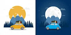 手绘小清新汽车旅行插画矢量图设计素材