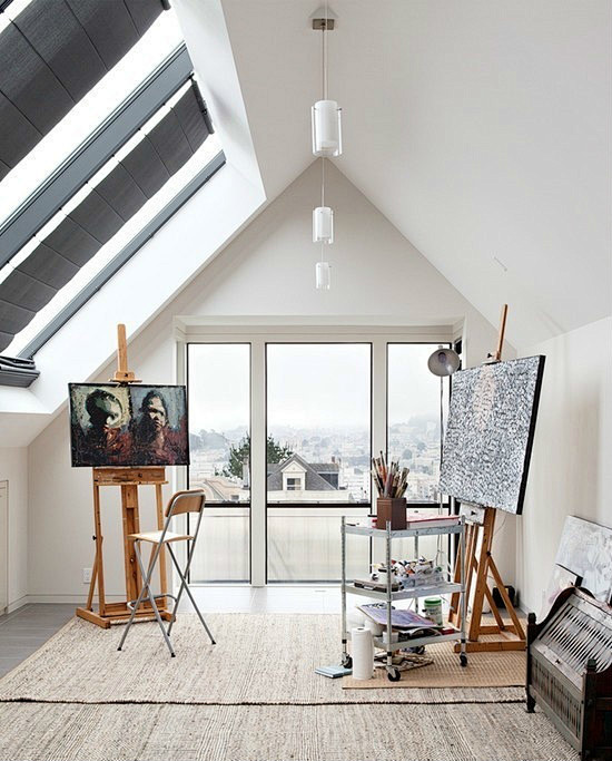 简约风格斜顶阁楼画室工作间吊顶装修效果图