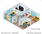 A vector illustration of a modern isometric office interior. Isometric office interior. Isometric open plan office.