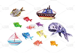 手绘水彩画海洋水下动物集。孩子们画鲸鱼，鱼，波浪，大海和沙子的纹理