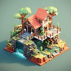 森林小屋数字艺术3d立体房子建筑卡通房子