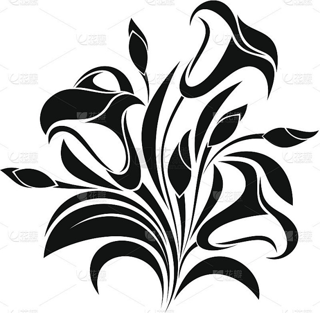 抽象的花朵。向量黑色剪影。