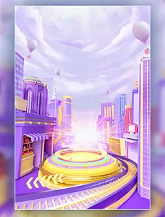 3D立体卡通紫色城市街道商铺电商促销场景海报