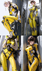 photo real, 3D ,computer graphics art, high resolution, best quality, highres, Full Body, 8k character concept, 32k, pixiv, illustration, ultra-detailed, ultra-detailed face, beautiful adult woman, wearing a super glossy light yellow latex v-cut suit, meg