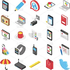 三维图形,蜘蛛网,矢量,现代,监视器,铅笔,计算器,购物袋,阳伞,书