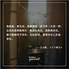 我要爱，要生活，把眼前的一世当作一百世一样。这里的道理很明白：我思故我在，既然我存在，就不能装作不存在。无论如何，我要为自己负起责任。——王小波，《三十而立》 ​​​​