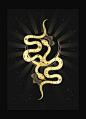 双火焰，灵魂伴侣的蛇艺术品在艺术家柯克琳娜工作室的黑纸上用金箔印刷