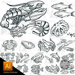 简洁手绘龙虾螃蟹海鲜海洋生物元素卡片模板 矢量设计素材 G1312-淘宝网