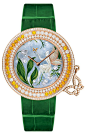 Van Cleef & Arpels Muguet watch - set in pink gold, bezel set with diamonds and yellow sapphires. Dial features miniature painting on mother of pearl and sculpted mother of pearl: 