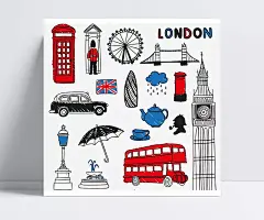 彩绘伦敦元素矢量素材|英国,伦敦,电话亭,摩天轮,伦敦眼,茶壶,雨季,车,英国国旗,大本钟,雨伞,福尔摩斯,双层巴士,喷泉,士兵,矢量图,AI格式,含JPG预览图