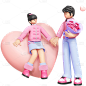 情人节3D立体C4D卡通感情侣爱心组合元素素材