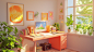 3D, cartoon toy type desk scene, in a corner of the room with a window, interesting toy computer desk surface, computer, small plants, game console, keyboard, books, small fresh scene, ultra light clay style, sense of science and technology, bright light,