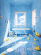 a pastel blue bathroom scene, blue wall, white european windows on the wall, blue sky and white clouds outside the window, white tiled floor, white bathtub in the bathroom, foam in the bathtub, crystal steps on the floor, some bubbles on the floor bubble,