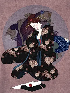 日本浮世绘女性PSD设计素材日式和风手绘插画和服海报图案装饰画【源文件可下载】