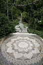 Beautiful mosaic garden rug with rustic arch pathway into woodland area - perfectly juxtaposed to enhance both.: 