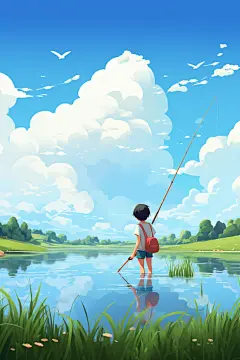 河边钓鱼二十四节气处暑秋天插画图片