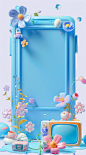 Cute cartoon frame with a blue color scheme and white background. The mobile phone display features three-dimensional cartoon style elements like flowers and toys on the left side of the screen with empty space in front for text or content. The right half