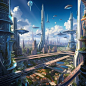 In a futuristic city, soaring skyscrapers pierce the sky, interlaced with sleek, eco-friendly architecture, bustling with autonomous vehicles, high-speed transportation networks, holographic displays, and a harmonious integration of advanced technology, c