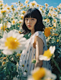 a young and beautiful japanese girl interacts whit a huge flower in a surreal setting, 16-years-old, looks like angelababy, the art of hitoko kawauchi, natural poses, dadcore for vacation, energy and pressure of youth, body extension, simulation film in t