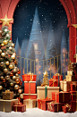 Christmas scene with lots of gifts and a box, in the style of vibrant stage backdrops, aurorapunk, zhang kechun, dreamlike atmosphere, photorealistic scenes, eye-catching, theatrical