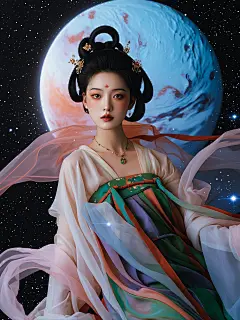 顶级时尚杂志大片构图，人物肖像摄影，唐代年轻美女，妩媚的眼神，哑光妆容，真实肌肤质感，强烈对比，流浪地球背景，科幻电影的背景，在遥远的一个星球上，梦幻，富士摄影，55mm镜头，移轴摄影，动态模糊，新中式国风美人，新中式风格，梦境，超现实场景