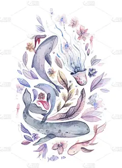 白色背景上的海洋生物水彩画.鲸鱼、鲨鱼、海豚、鱼、水母、海藻和奇异的海花. 