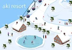 等距三维矢量插图滑雪度假村与缆车在山上
