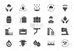 雨水收集扁平的图标.矢量图解包括图标桶,不锈钢贮槽,管道,恢复,液体排水轮廓象形图,用于水循环利用.