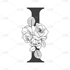 向量的字母表。字母i的花图案。装饰婚礼请柬、贺卡、花店名片。线形玫瑰的花卉设计。