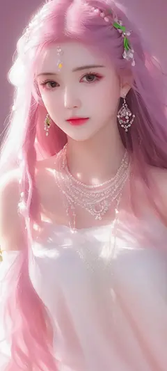 粉色长发 白色裙子 动漫美女唯美手机壁纸