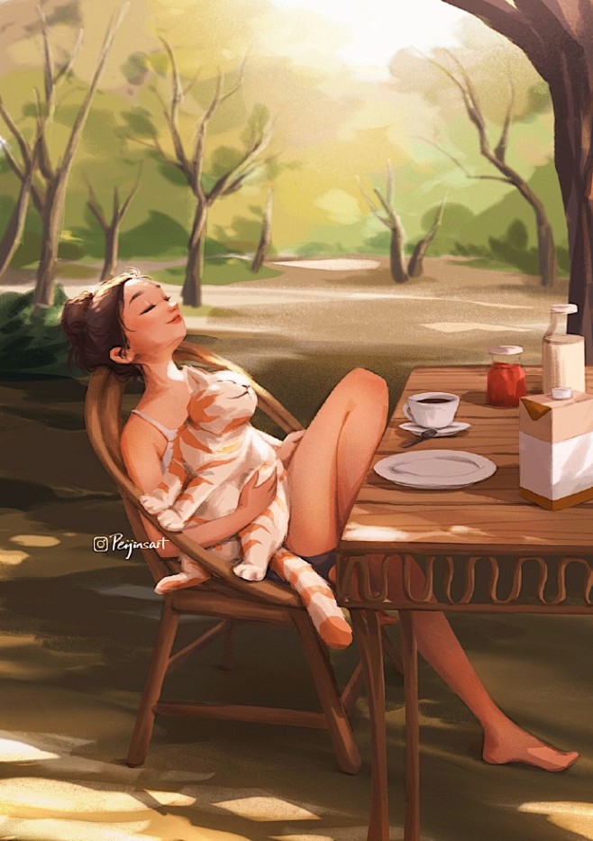 少女与猫 温暖治愈 ~ 插画 peiji...