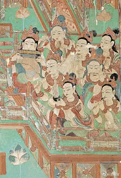 【管乐和打击乐】#遇见敦煌#莫高窟第154窟，中唐。图中是报恩经变乐舞场面西侧乐队中的管乐和打击乐，现实生活中的各类乐器图像有机组合出现在壁画中，说明当时的音乐和乐器制作已经相当发达。乐器画得精致写实，如笙管长短不齐，上有竹节；笛子的音孔，筚篥的哨嘴等，是研究古代乐器的珍贵资料。