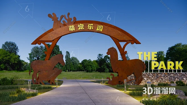 现代大门SU模型 现代萌宠乐园景区入口logo大门 耐候钢生构筑 石笼景墙 动物剪影导视指示牌-花瓣网