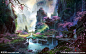 山水 风景 漫画 艺术 景观 亚洲 河流 寺庙 桃树 桃花 瀑布
