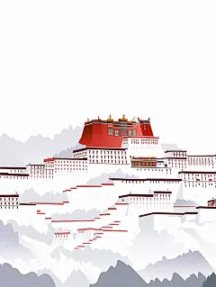 布达拉宫被白色浓雾包围，佛教禅宗平面插图海报