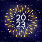 闪亮的烟花在蓝色星空的背景2023年新年设计