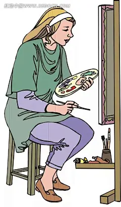 手绘拿着调色盘画画的女人插画|凳子|调色盘|画笔|卡通画|人物素材|人物图片|矢量人物|矢量素材|手绘|职业人物