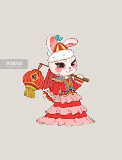 红色可爱春节哈萨克族民族风服饰拿灯笼兔子元素图片_潮国创意