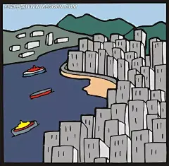 手绘海上的船只和海边的高楼插画|城市图片|船只|高山|海面|灰色高楼|卡通画|矢量素材|手绘