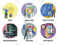 从创意到成品。商业项目启动过程的现代插图。