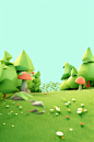 a green grasstop with trees between them, in the style of whimsical multimedia, rendered in cinema4d, minimalist backgrounds, toyism, multicolored landscapes, use of paper, playful cartoonish illustrations