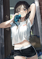 Anime 1200x1698 anime anime girls short shorts belly blue eyes water dark hair T-shirt artwork R O Ha