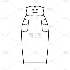 裙子高腰护套技术时尚插画直膝轮廓，铅笔丰满，侧口袋