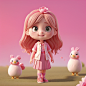 00053-923867318-A little girl of five or six years old is walking on the grass, dressed in pink clothes, with a pink rose on her head and long g
