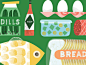 What's in Your Fridge? illustration lettering eggs hot sauce dill pickles bread fish deli groceries food fridge