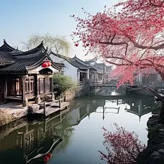 江南水乡，阳光明媚，小桥流水大雾柳树，梅花鸟海报