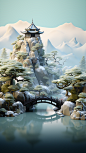 冬季冬天通用插画中国风中式古建筑自然山水积雪场景背景